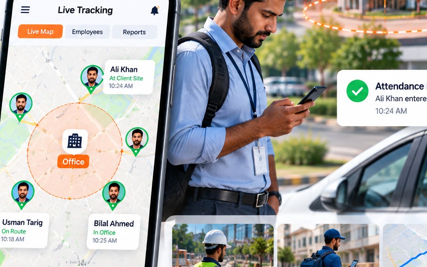 Employee geofence app showing live location tracking and automatic attendance marked on arrival at the office