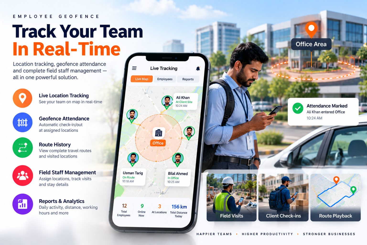 Zee AI Geofence — live employee location tracking, geofence attendance, route history and field staff management on a mobile app
